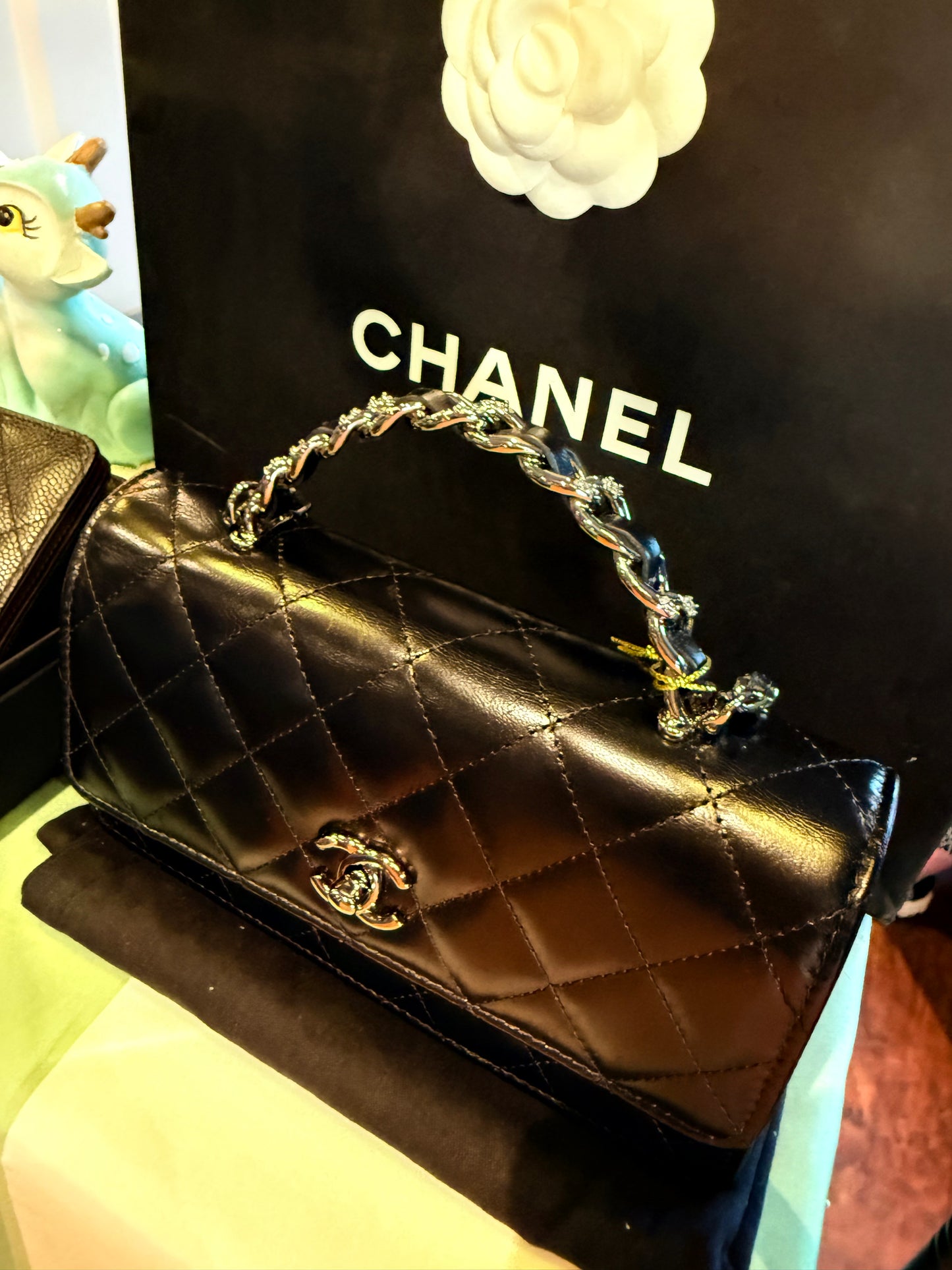 Chanel Classic Flap Bag – Black Quilted Lambskin (Top Handle Crystal)