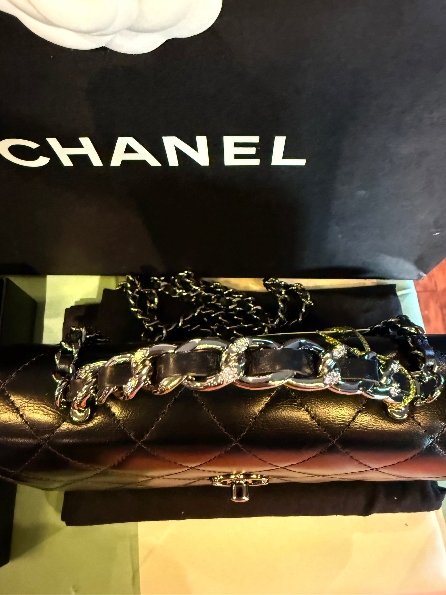 Chanel Classic Flap Bag – Black Quilted Lambskin (Top Handle Crystal)