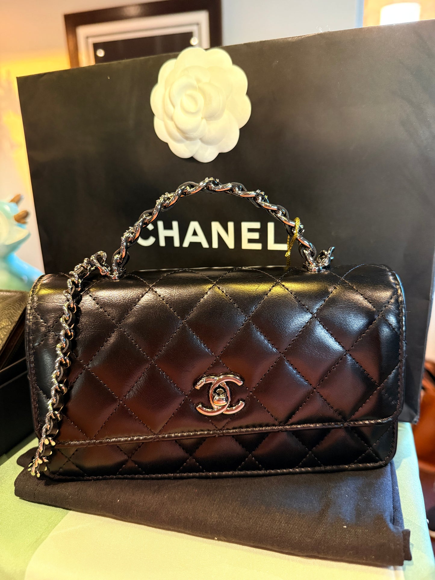 Chanel Classic Flap Bag – Black Quilted Lambskin (Top Handle Crystal)