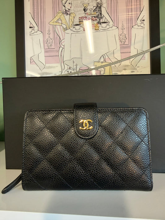 Chanel Quilted Zip-Around Wallet – Black Caviar Leather with Gold Hardware