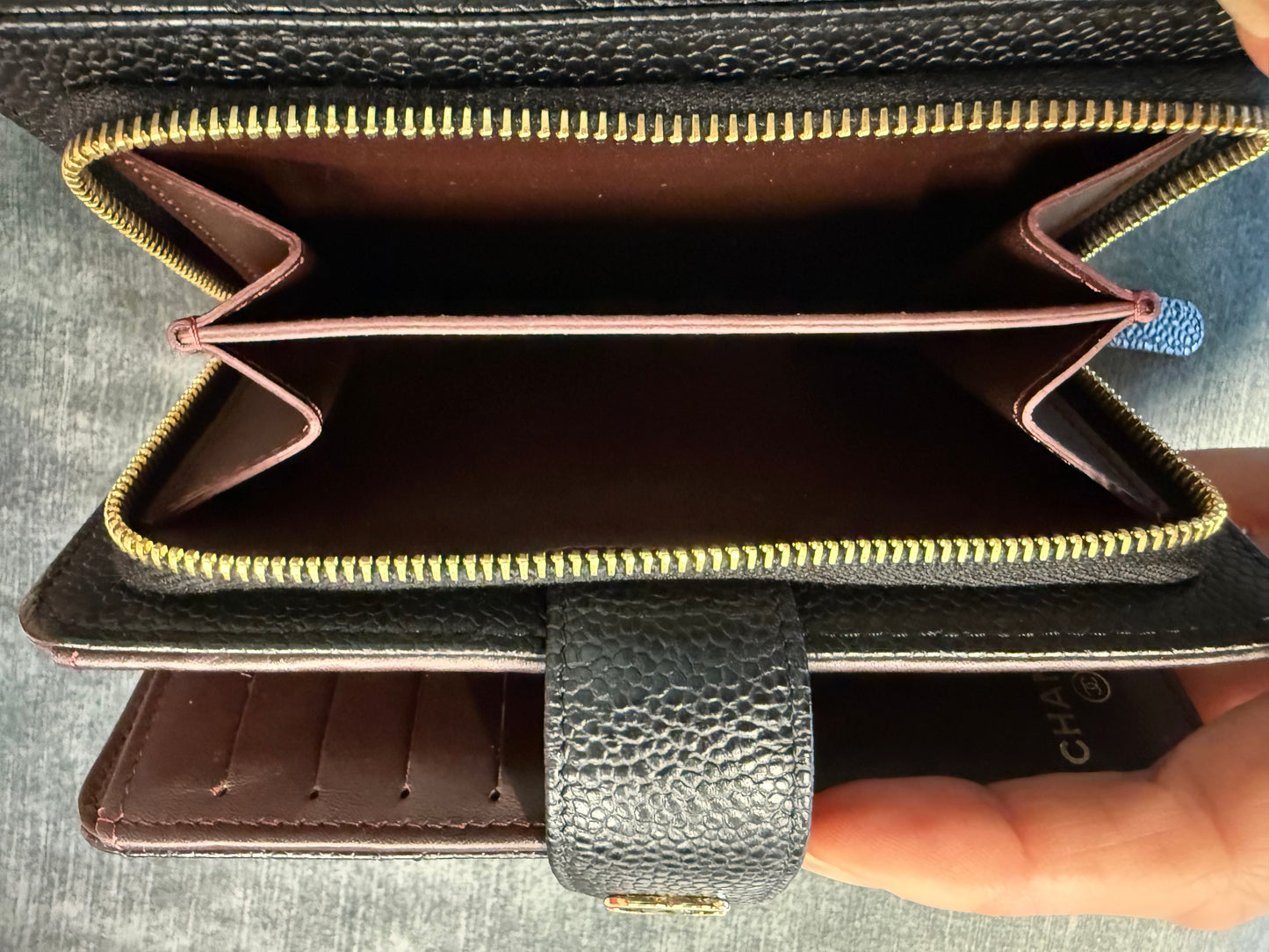 Chanel Quilted Zip-Around Wallet – Black Caviar Leather with Gold Hardware