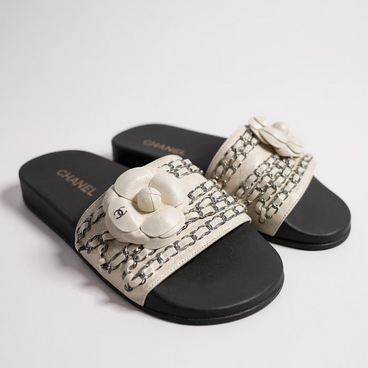 CHANEL Camellia Chain Slides – UK 5