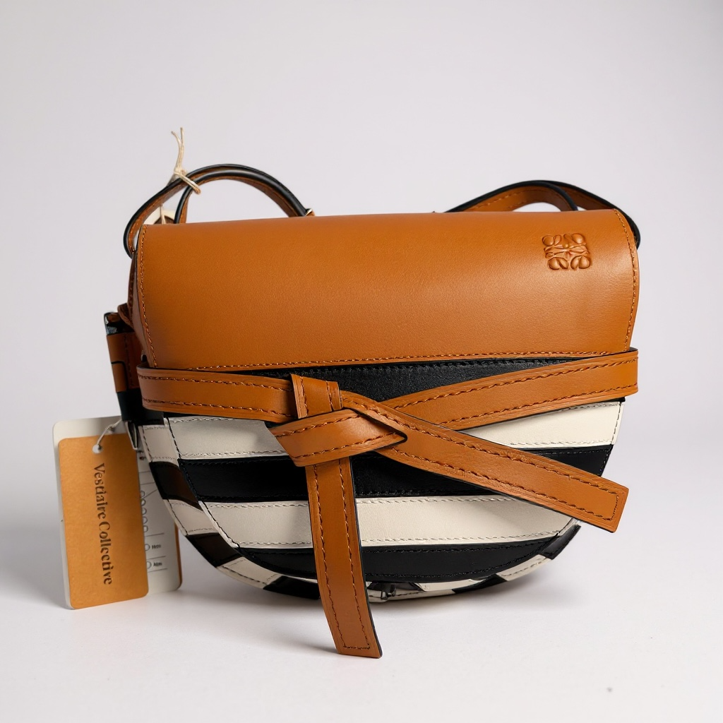 Loewe Gate Medium Stripe Crossbody / Shoulder Bag – Tan, Black & White