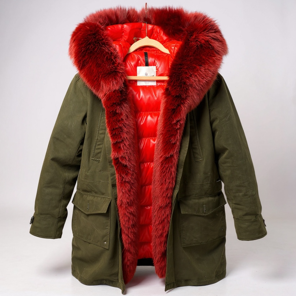Moncler Faux-Fur Trim Parka Coat – Khaki &amp; Red | UK 10–14 (Medium)