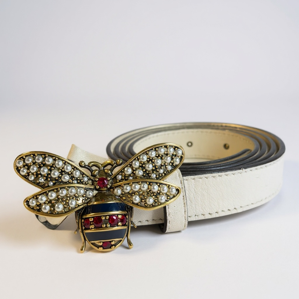 Gucci Embellished Bee Belt – White Leather | UK Size 10 | Boxed