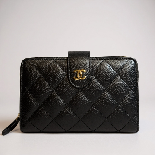 Chanel Quilted Zip-Around Wallet – Black Caviar Leather with Gold Hardware